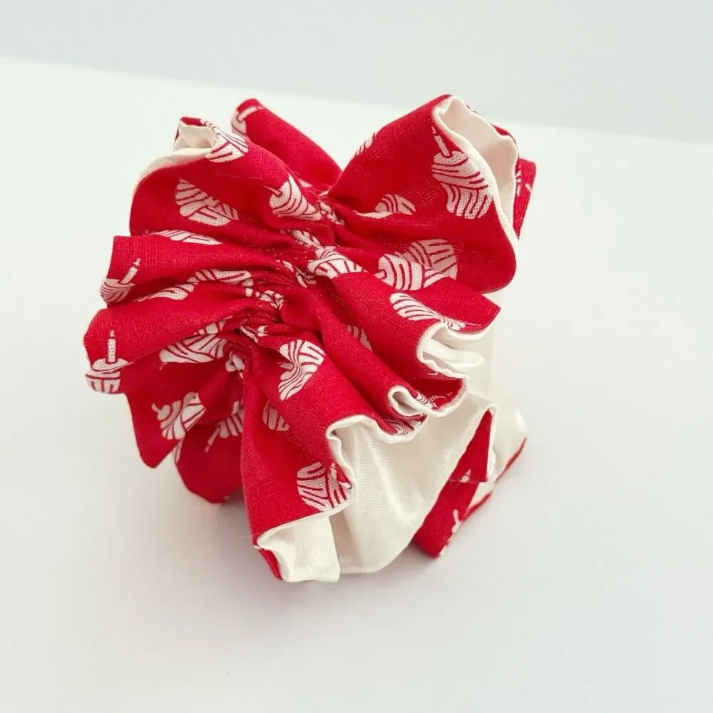 Handmade Red & Cream Scrunchie Hair Tie Ruffled Elastic Ponytail Holder